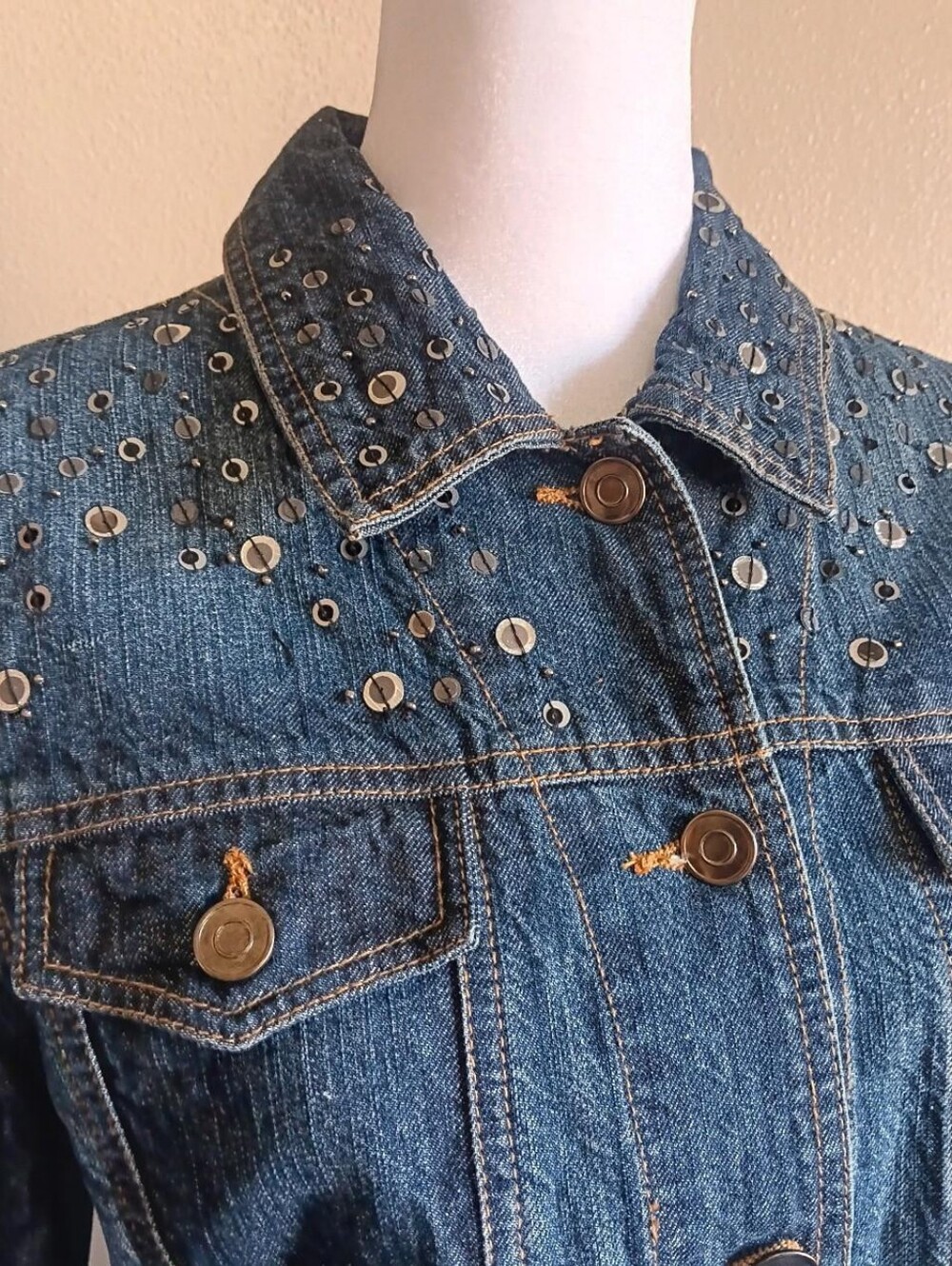 Western Grunge Westbound Denim Sequin Cotton Jacket Button Up Medium Blue Jean - Picture 2 of 9